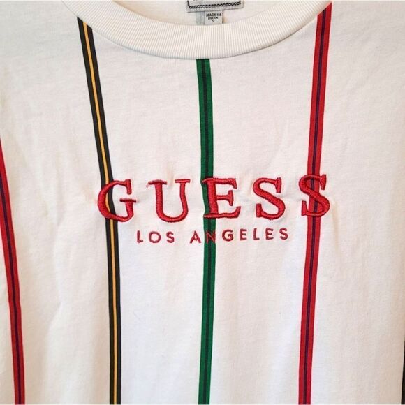 Guess White Striped Embroidered Logo Long Sleeve Shirt Size US S - Picture 4 of 5